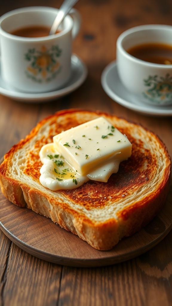 Golden brown toasted bread with melting butter on a wooden table, accompanied by jam and coffee.
